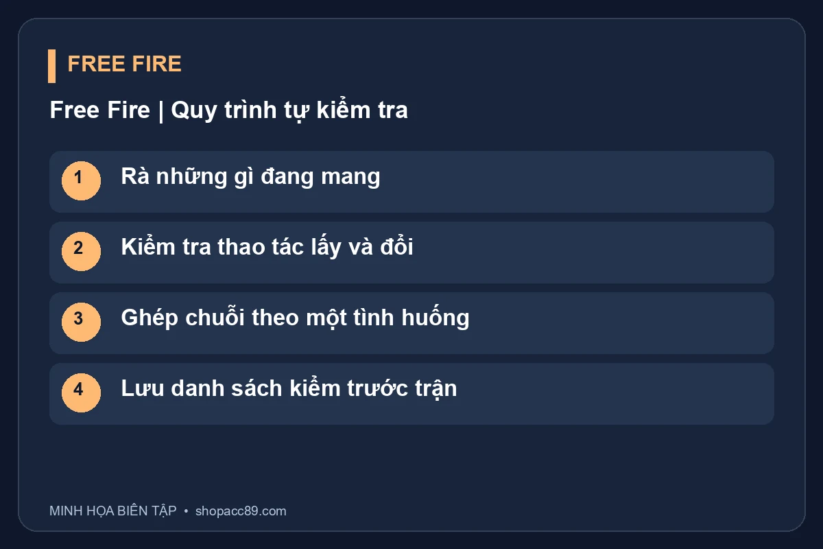 Sơ đồ Free Fire: Rà những gì đang mang, Kiểm tra thao tác lấy và đổi, Ghép chuỗi theo một tình huống, Lưu danh sách kiểm trước trận