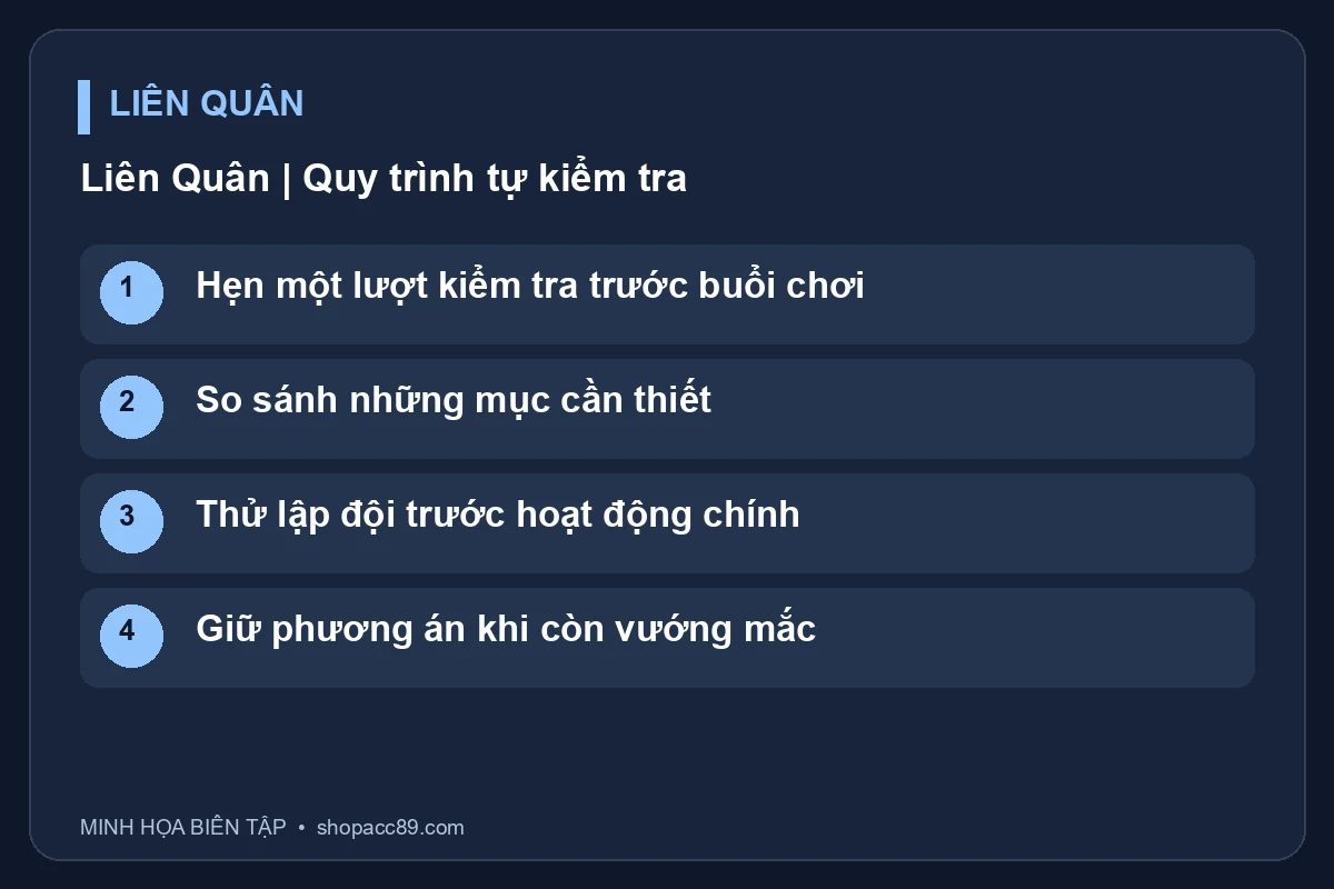 Sơ đồ Liên Quân: Hẹn một lượt kiểm tra trước buổi chơi, So sánh những mục cần thiết, Thử lập đội trước hoạt động chính, Giữ phương án khi còn vướng mắc