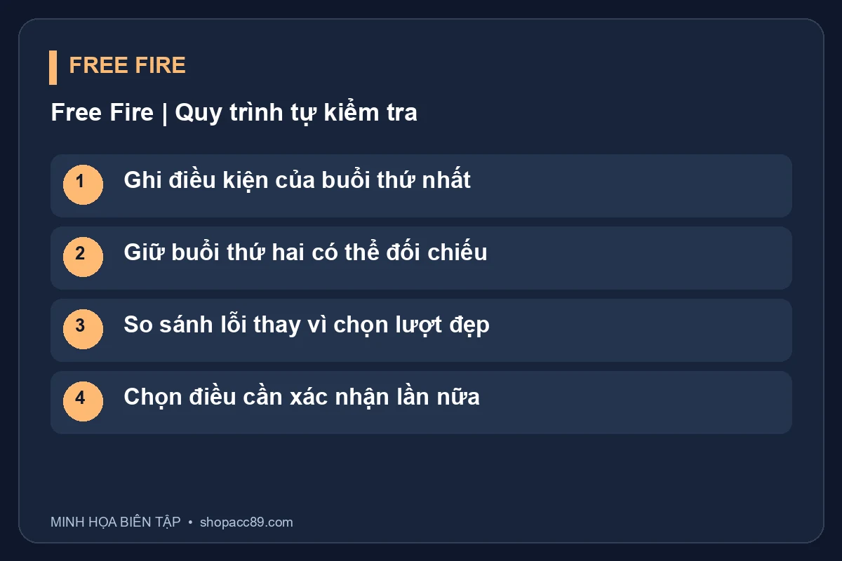Sơ đồ Free Fire: Ghi điều kiện của buổi thứ nhất, Giữ buổi thứ hai có thể đối chiếu, So sánh lỗi thay vì chọn lượt đẹp, Chọn điều cần xác nhận lần nữa