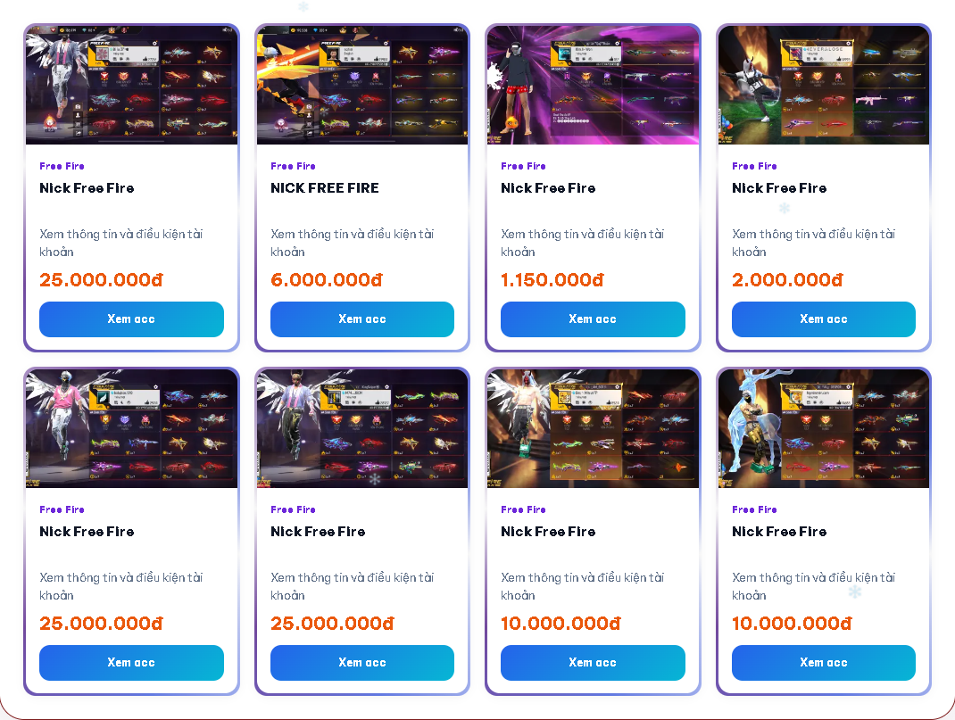 Các thẻ nick Free Fire có ảnh, tên, giá và nút Xem acc trên Shopacc89.com