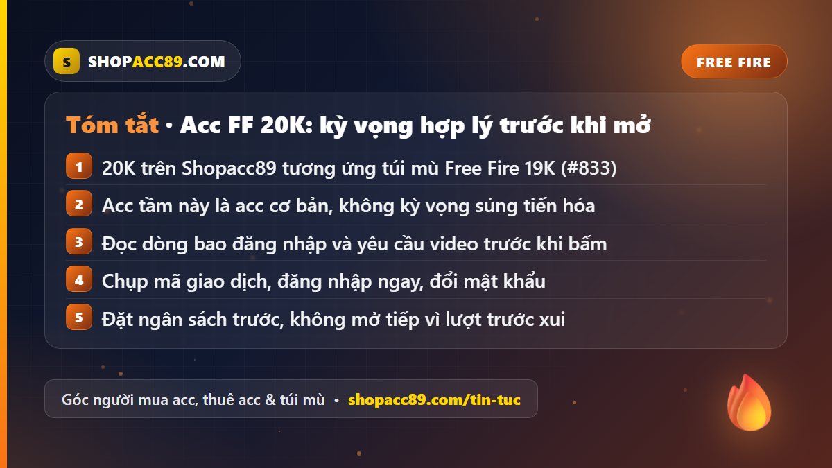 Bảng kỳ vọng khi mua acc FF 20K tại shop bán acc FF 20K Shopacc89, từ túi 500đ đến túi 99K