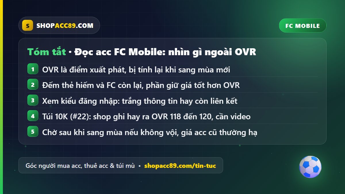 Checklist đọc OVR và đội hình trước khi mua tại shop acc FC Mobile Shopacc89, kèm bảng giá túi FC