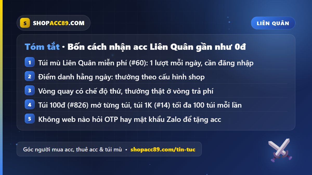 So sánh bốn cách nhận tặng acc Liên Quân 0đ trên Shopacc89: túi miễn phí, điểm danh, quay thử, túi 100đ